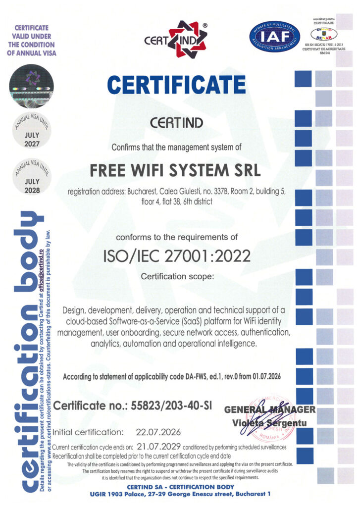 ISO/IEC 27001:2022 certificate issued by CERTIND to FREE WIFI SYSTEM SRL for the Wiacom SaaS platform